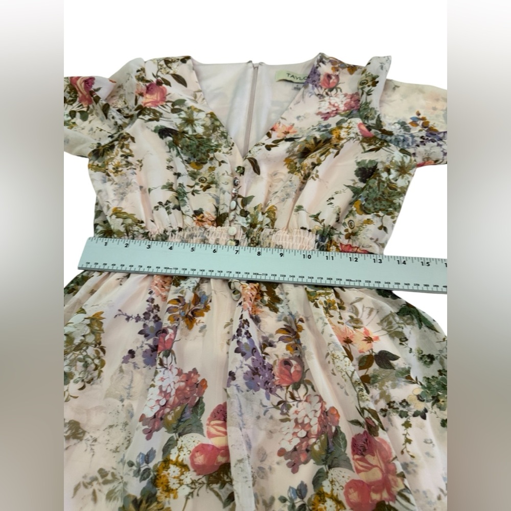 Taylor Floral Chiffon V Neck Mini Dress Size 4 Romantic Cottagecore Boho - Picture 8 of 12